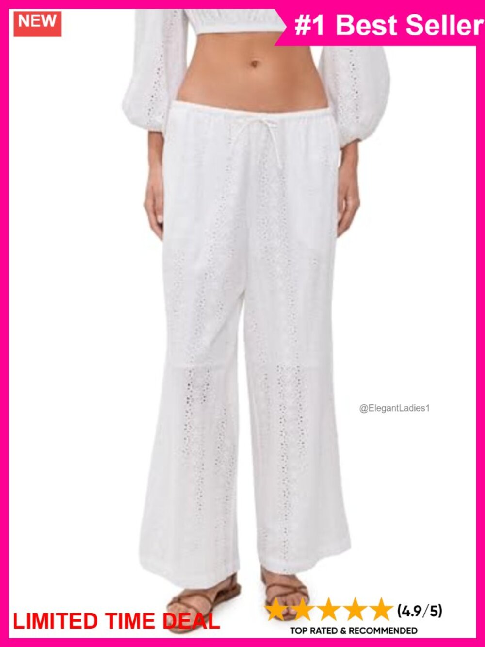 Wide Leg Poplin Palazzo Pants Embroidered Eyelet Drawstring